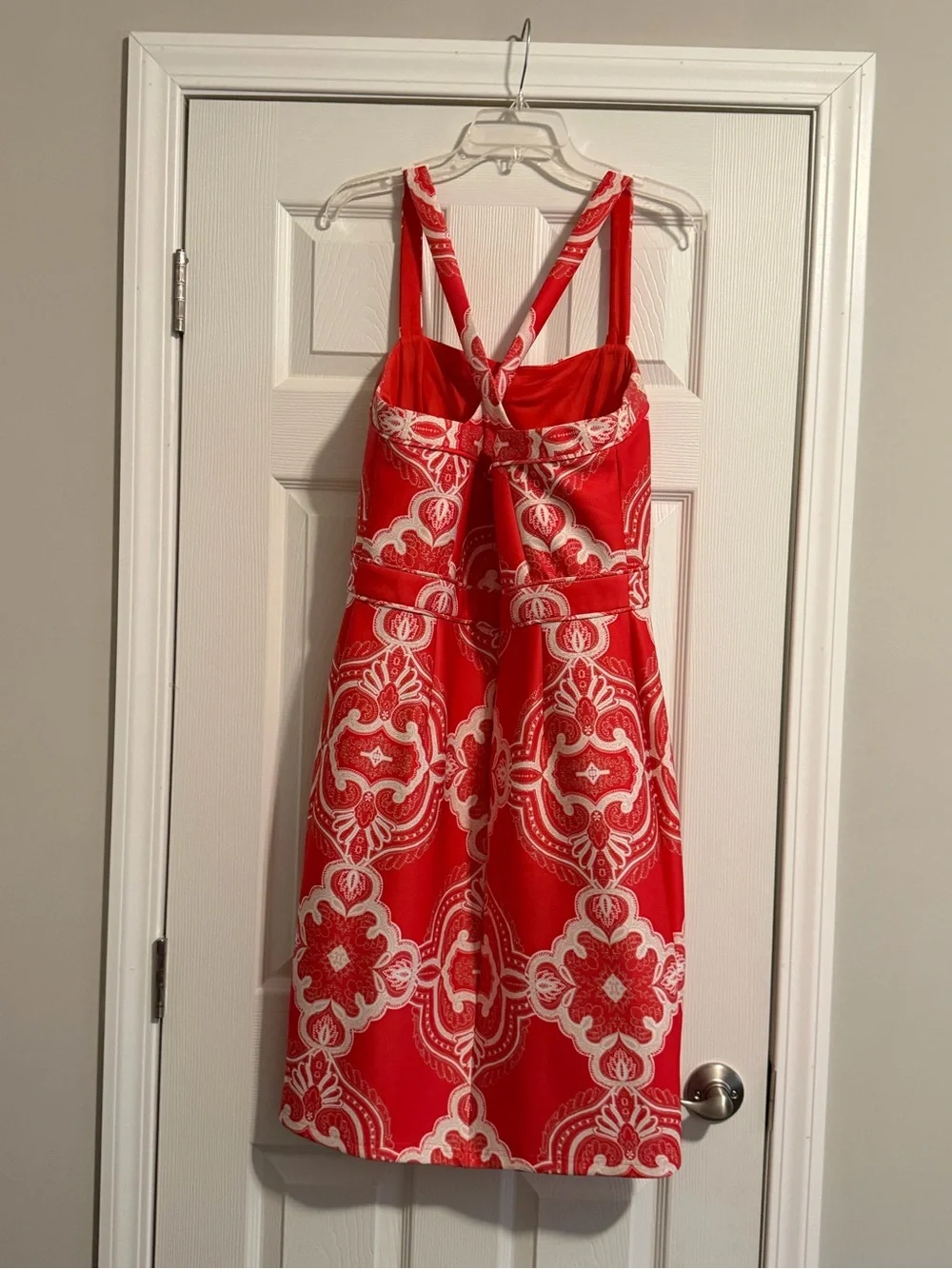 Adrianna Papell Red and White Midi Dress with Ornate Print - Picture 2 of 4